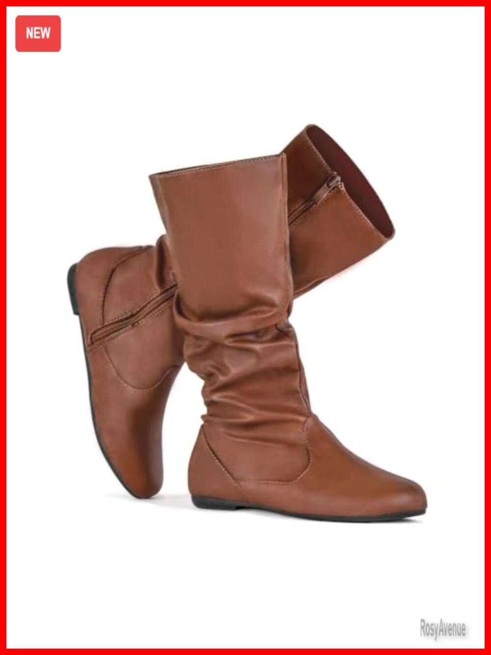 Faux Leather Mid Calf Slouch Boots Side Zip Flat Round Toe